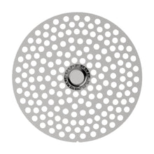 The Flower Mill 2.5" Mill Plates are round, flat silver disks with evenly spaced holes and a solid center, perfect as replacement mill plates for the Flower Mill Next Gen Premium Grinder.