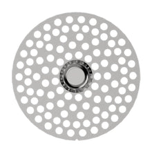 A round metal Flower Mill 2" Mill Plate with evenly spaced circular holes and a central raised ring, designed for optimal consistency, is shown from above against a white background.