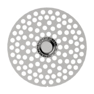A round metal Flower Mill 2" Mill Plate with evenly spaced circular holes and a central raised ring, designed for optimal consistency, is shown from above against a white background.