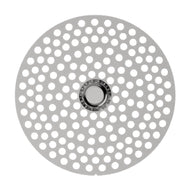 The Flower Mill 2.5" Mill Plates are round, flat silver disks with evenly spaced holes and a solid center, perfect as replacement mill plates for the Flower Mill Next Gen Premium Grinder.