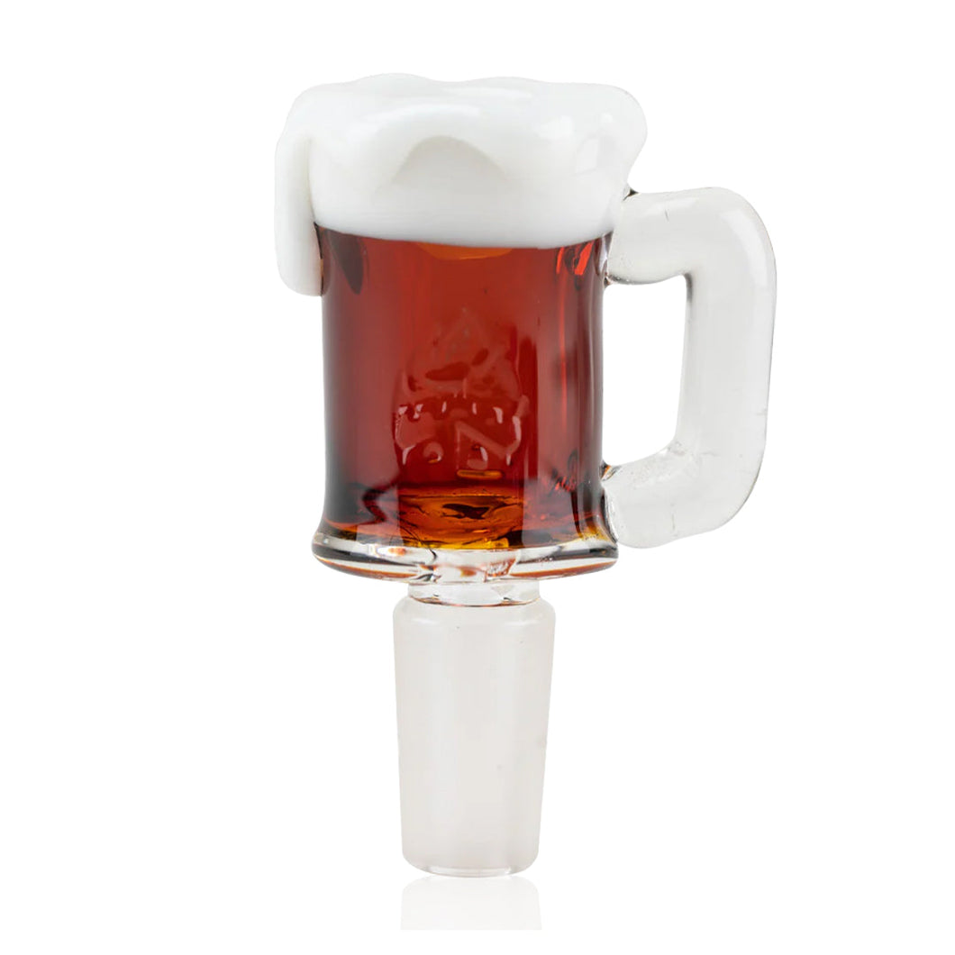The Empire Glass Works Beer Mug Bowl 14mm is a glass bowl shaped like a beer mug with amber liquid and white foam, designed to fit a 14mm joint and shown against a white background.