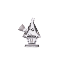 The MJ Arsenal King Bubbler is a clear borosilicate glass, cone-shaped water pipe with a flat base, top mouthpiece, black front logo, water filtration, and a side opening for attachments. Displayed on a plain white background.