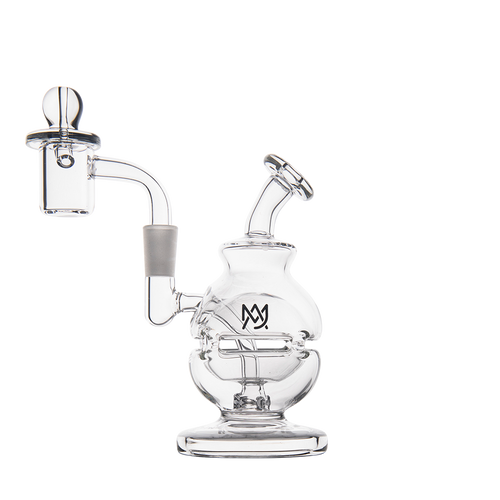 The MJ Arsenal Royale Mini Dab Rig is a clear borosilicate glass piece with a round base, bent neck, attached banger, and MJ logo on the body, shown photographed against a plain white background.