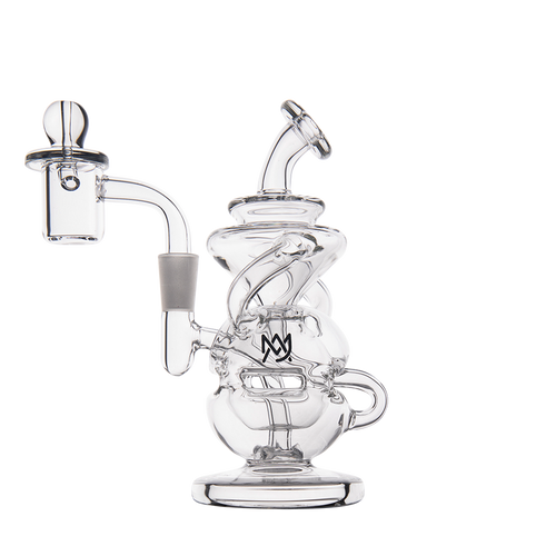 The MJ Arsenal Infinity Mini Dab Rig is a clear borosilicate glass rig with a complex twisted design, side mouthpiece, round base, and an overlapping M and W logo on the body.