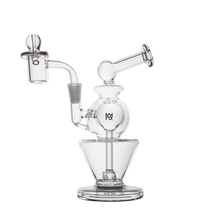 The MJ Arsenal Gemini Mini Dab Rig is a clear borosilicate glass rig with multiple chambers, a dome-shaped base, curved mouthpiece, and removable bowl, shown portable and standing out against a plain white background.