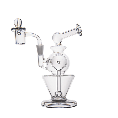 The MJ Arsenal Gemini Mini Dab Rig is a clear borosilicate glass rig with multiple chambers, a dome-shaped base, curved mouthpiece, and removable bowl, shown portable and standing out against a plain white background.