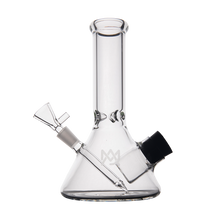 The MJ Arsenal Cache Bong is a clear borosilicate glass beaker-style bong with a straight neck, angled downstem, and removable bowl, shown on a white background.