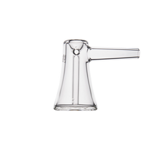 The MJ Arsenal Vulkan Bubbler features a clear glass body with a wide base, straight spout, and right-side handle, crafted from durable borosilicate glass. Presented against a plain white background.