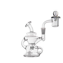 The MJ Arsenal Hydra Mini Dab Rig features clear glass, a curved neck, barrel-shaped chamber, handle, and a removable right-side glass banger—ideal for fans of compact rigs, shown here on a white background.