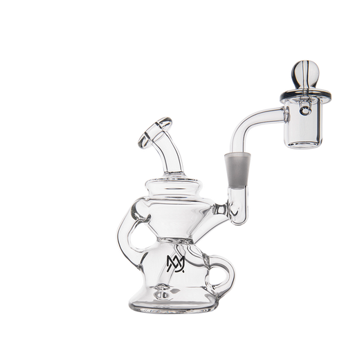 The MJ Arsenal Hydra Mini Dab Rig features clear glass, a curved neck, barrel-shaped chamber, handle, and a removable right-side glass banger—ideal for fans of compact rigs, shown here on a white background.
