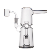 The MJ Arsenal Turret Mini Dab Rig is a clear borosilicate glass rig with a cylindrical base, angled mouthpiece, side-mounted bucket, internal percolator, and black logo on the base—perfect for portable dabbing.