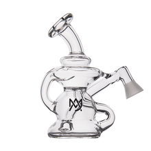 The MJ Arsenal Hydra Vape Edition is a clear glass mini dab rig featuring a unique twisted design, angled mouthpiece, side percolator, and black logo on the main chamber. Splash-resistant and stylish, it offers smooth functionality against a white background.