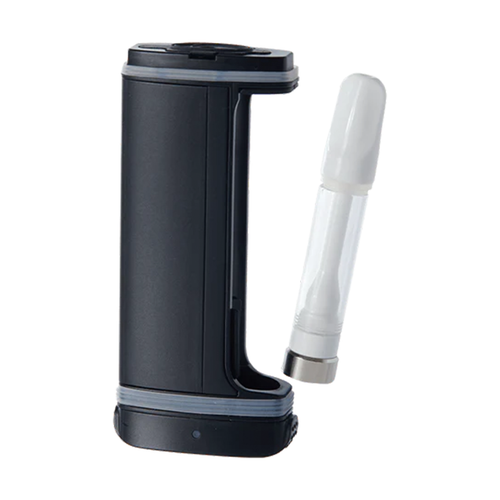 The Davinci ARTIQ 510 Thread Battery Vape, a black rectangular vaporizer with an elongated air path, is shown beside a clear vape cartridge with a white mouthpiece on a white background.