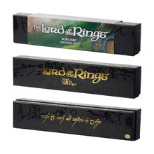 Set of three rectangular collector's edition Lord Of The Rings Pipes gift boxes, each with themed designs, logos, and Elvish script—one marked Boromir Smoking Pipe. Ideal for fans and collectors of churchwarden smoking pipes.