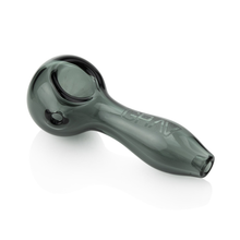 A Grav Classic Spoon Pipe in dark gray, made from scientific glass with a rounded bowl, straight stem, ash catching mouthpiece, and "GRAV" etched on the handle, shown against a white background.