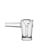 The MJ Arsenal Basin Bubbler, made of clear borosilicate glass with a short, wide side spout and visible measurement markings, is displayed upright against a plain white background—perfect for precise water filtration tasks.