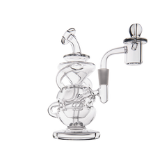 The MJ Arsenal Infinity Mini Dab Rig is a clear borosilicate glass recycler featuring a swirling design, bent mouthpiece, and side arm with domed banger for concentrates, shown on a white background.