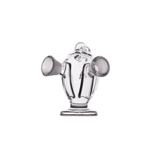 The MJ Arsenal Dubbler Original Double Bubbler is a clear borosilicate glass piece shaped like a compact fire hydrant with two angled nozzles and circular openings, designed for smooth water filtration, shown on a plain white background.