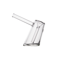 A clear borosilicate glass pipe with a slanted chamber and angled mouthpiece, featuring minimalistic modern design, is set against a white background—ideal for fans of the MJ Arsenal Fulcrum Bubbler.