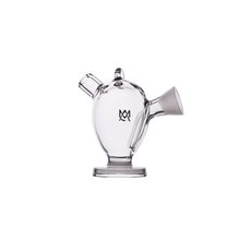 The MJ Arsenal Martian Original Blunt Bubbler is a clear glass piece with a rounded body, two angled necks, and flat base, featuring a black stylized logo in the center. It offers water filtration and is shown isolated on a white background.