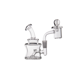 The MJ Arsenal Jammer Mini Dab Rig is a clear borosilicate glass piece with a wide base, curved neck, and side percolator, shown against a plain white background.