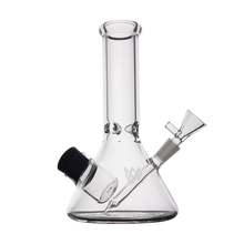 The MJ Arsenal Cache Bong, made of clear borosilicate glass with a wide base, cylindrical neck, angled downstem, and detachable bowl piece, is shown against a plain white background.