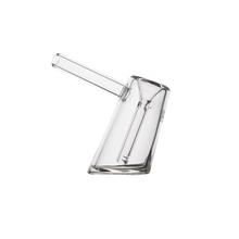 The MJ Arsenal Fulcrum Bubbler is a clear borosilicate glass bubbler with an angled, modern design and a cylindrical mouthpiece, shown on a white background.