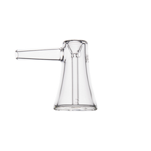 The MJ Arsenal Vulkan Bubbler, crafted from clear borosilicate glass with a wide base, narrow neck, and horizontal spout, is the ideal portable bubbler—shown here on a plain white background.