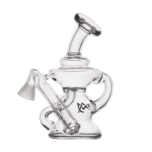 The MJ Arsenal Hydra Vape Edition is a clear glass mini dab rig water pipe with a bent mouthpiece, side arm, splash-resistant bubbler design, and a black logo on the body, shown against a white background.