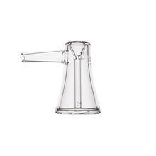 The MJ Arsenal Vulkan Bubbler features a sleek, modern design with clear borosilicate glass, a conical base, and a horizontal cylindrical spout. Its minimalist style stands out against a plain white background.