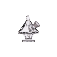 The MJ Arsenal King Bubbler, made from clear borosilicate glass with a pyramid shape, cylindrical mouthpiece, and round base, is shown against a plain white background.