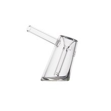 The MJ Arsenal Fulcrum Bubbler features a modern, angled design with a cylindrical body and straight mouthpiece, crafted from durable borosilicate glass, displayed against a plain white background.