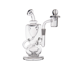 The MJ Arsenal Titan Mini Dab Rig, made of clear borosilicate glass with a curved neck, multiple chambers, side handle, and attached bowl, sits elegantly on a white background.