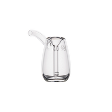 The MJ Arsenal Bulb Bubbler, crafted from clear borosilicate glass with a curved spout and handle, is displayed against a plain white background.
