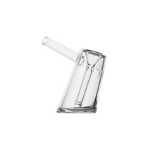 The MJ Arsenal Fulcrum Bubbler, made of clear borosilicate glass with a slanted base and cylindrical mouthpiece, is shown on a plain white background.