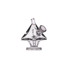 The MJ Arsenal King Bubbler is a clear borosilicate glass water pipe with a tent-shaped design, conical top, wide base, and angled mouthpiece for superior filtration, shown against a plain white background.