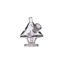 The MJ Arsenal King Bubbler is a clear borosilicate glass water pipe with a sailboat-inspired triangular body, side bowl attachment, and short top mouthpiece, displayed against a plain white background.