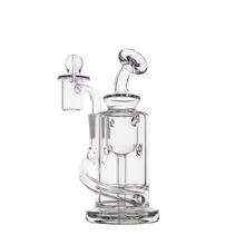 The MJ Arsenal Ursa Mini Dab Rig is a clear borosilicate glass water pipe featuring a cylindrical base, spiral tube, angled mouthpiece, and detachable bowl, shown against a white background.