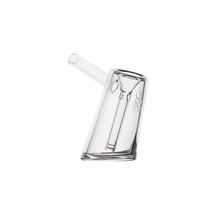The MJ Arsenal Fulcrum Bubbler is a clear borosilicate glass piece with an angled cylindrical body, side mouthpiece, and upright design, shown on a white background.