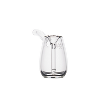 A clear MJ Arsenal Bulb Bubbler, crafted from borosilicate glass with a small spout and rounded body, is photographed against a plain white background.