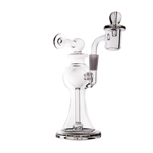 The MJ Arsenal Apollo Mini Dab Rig is a clear borosilicate glass piece with a round base, straight neck, angled mouthpiece, intricate percolator chambers for optimal flavor, and a joint for attachments, shown on a white background.