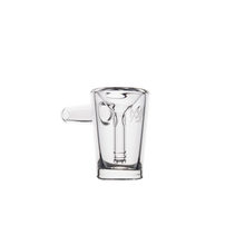 The MJ Arsenal Basin Bubbler, crafted from clear borosilicate glass and featuring a unique horizontally extended handle, is showcased against a plain white background.