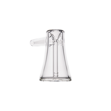 The MJ Arsenal Vulkan Bubbler, made from clear borosilicate glass, features a wide flared base and a convenient side handle, displayed against a plain white background.