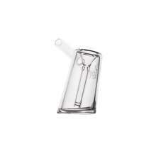 The MJ Arsenal Fulcrum Bubbler, a clear borosilicate glass piece featuring an angled mouthpiece and internal percolator, is shown on a plain white background.