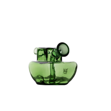 The MJ Arsenal Commander Blunt Bubbler is a small, green, translucent borosilicate glass piece with a rounded base and short angled spout, resembling modern art or a mini bubbler, displayed on a plain white background.
