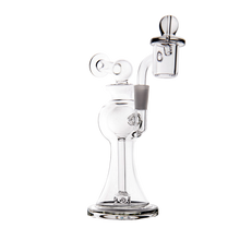 The MJ Arsenal Apollo Mini Dab Rig features clear borosilicate glass, a round base, curved neck, attached bowl, vertical chamber, and angled mouthpiece for optimal flavor when smoking or vaporizing.