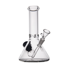 The MJ Arsenal Cache Bong, made of clear borosilicate glass, features a beaker-style wide base, straight neck, angled downstem, and removable bowl, showcased against a plain white background.