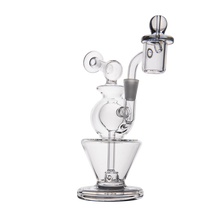 The MJ Arsenal Gemini Mini Dab Rig is a portable rig made of clear borosilicate glass, with a round water chamber, curved neck, and cylindrical banger, ideal for enjoying concentrates. Shown on a white background.