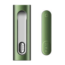 The PAX Flow Vaporizer with Grip Sleeve Bundle is displayed in metallic green, featuring a silver mouthpiece, oval window, and engraved branding—perfect for dry herb cannabis vaporization.