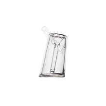 The MJ Arsenal Fulcrum Bubbler, made from borosilicate glass with a slanted base and a short, angled spout, is shown here in clear glass against a plain white background.